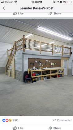 an instagram photo of a garage with stairs on the side and storage area below