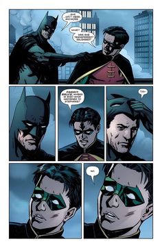 a comic page with batman and robin wayne talking to each other in the same room