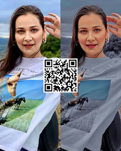 a woman wearing a t - shirt with a photo of a horse and rider on it