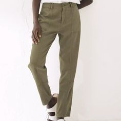 New With Tags Allie Utility Trousers In Olive Green. Size 4. Tapered High Waist Pants For Spring, Chic Mid-rise Cargo Style Pants, Chic Mid-rise Cargo Pants, Trendy Tapered Bottoms For Spring, Spring Khaki Tapered Leg Bottoms, Khaki Tapered Leg Bottoms For Spring, Fitted Cargo Pants For Spring Workwear, Utility Tapered Leg Pants, High Waist Tapered Bottoms For Summer