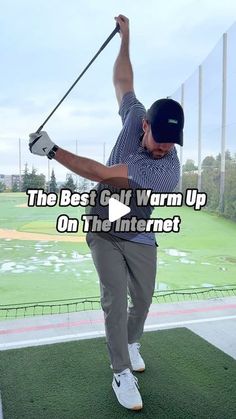 a man swinging a golf club on top of a grass covered field with the words, the best g - ball warm up on the internet