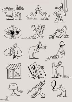 various black and white drawings of people in different positions, with one person on the other side