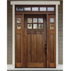 a wooden door with glass panels on the front and side doors, in dark wood