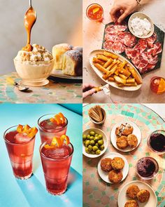 there are four different pictures with food on the plates and in glasses, one is being drizzled with orange juice