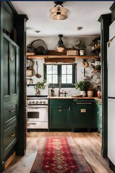 an open kitchen with green cabinets and white appliances, including a rug on the floor