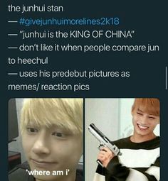 I dont mind when people compare heechul and junhui though, I used to hate it but I learned that they are both amazing and it's a complement. Drama Funny, Seventeen Album, Kpop Funny, Bias Wrecker, Kpop Groups, Kpop Memes