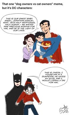 a comic strip with an image of two people hugging each other and the caption reads, that one dog owners vs cat owners memes, but it's dc characters