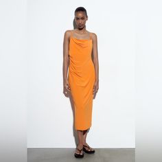 Draped Neck Midi Dress With Double Spaghetti Straps. Orange | 1165/134 Ruched Draped Slip Dress For Summer, Orange Ruched Dress With Spaghetti Straps, Orange Draped Summer Dress, Zara Draped Summer Midi Dress, Zara Summer Draped Midi Dress, Zara Draped Midi Dress For Summer, Long Blue Floral Dress, Zara Velvet Dress, Linen Halter Dress