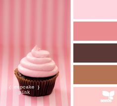 a cupcake with white frosting on top is shown in the color pink and brown