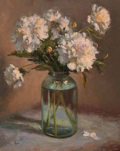 a painting of white flowers in a glass jar