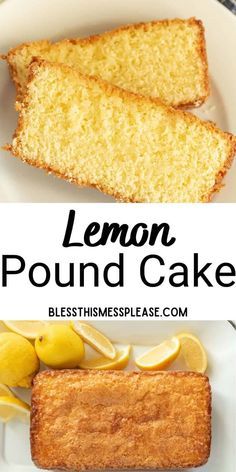 lemon pound cake on a white plate with sliced lemons and the words, lemon pound cake