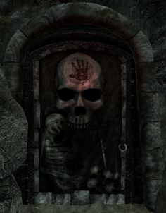 a creepy looking door with a skeleton holding a knife