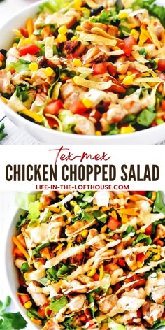 chicken chopped salad with lettuce and tomatoes in a white bowl