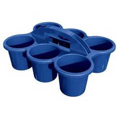 blue plastic cups are stacked on top of each other