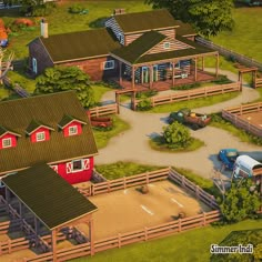 an animated farm scene with horses and barns