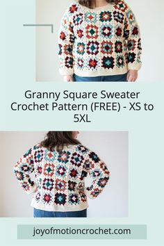 the granny square sweater crochet pattern is shown in three different colors and sizes