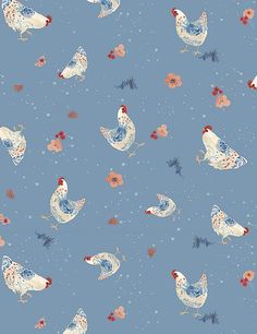 a blue background with chickens and flowers on it