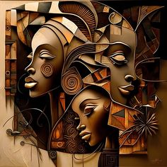 an abstract painting with two women's faces in gold and brown colors on a beige background