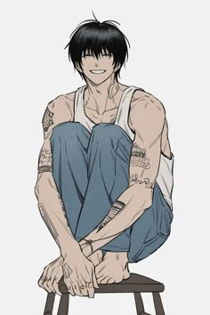 an anime character sitting on top of a stool with his legs crossed and tattoos on