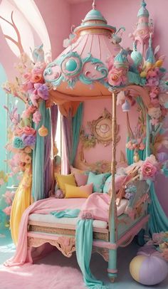 a bedroom with a canopy bed and pink walls