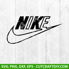 the nike logo is shown on a wood background with white and black letters that read swg, png dxf eps - cutcraftity