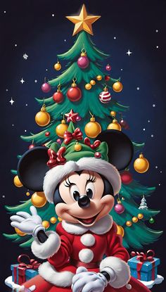 mickey mouse in front of a christmas tree