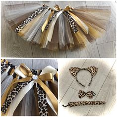 three pictures of different types of animal print and tulle skirts with bows on them