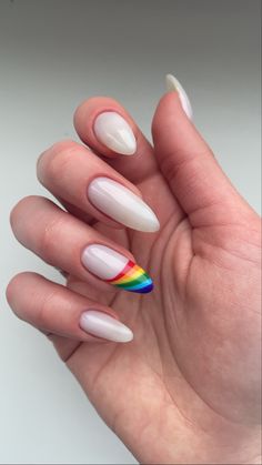 White Nails With Rainbow Tips, Pride Nails Classy, Rainbow Wedding Nails, Pride Nails Designs Almond, Pride Nails Designs Simple Short, White And Rainbow Nails, Pride Nails Black, Pride Nails Subtle