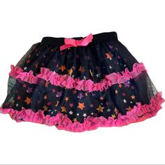 Hello Kitty Perfect For Halloween Time!! Multicolored, Main Colors Black & Pink Black Sheer Overlay With Pink Ruffles Ruffled Skirt With Stars Underneath The Sheer Overlay Brand New, Never Used Nwot Size 3t Cute Black Party Skirt, Cute Black Skirt With Ruffles, Cute Multicolor Hello Kitty Print Tops, Scene Skirts, Cute Pink Skirt For Playtime, Fitted Black Hello Kitty Print Top, Black Hello Kitty Spring Top, Playful Pink Hello Kitty Bottoms, Scenecore Clothes