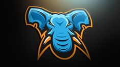 an elephant head is shown in the middle of a black background with orange and blue accents