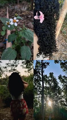 four different pictures with trees and flowers in the foreground, one woman's back to the camera