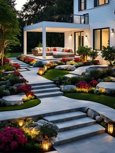 an outdoor living area with steps and landscaping