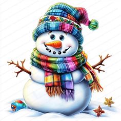 a snowman wearing a colorful scarf and hat