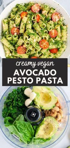 avocado pesto pasta in a bowl with tomatoes, lettuce and spinach