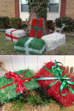 two pictures side by side, one has grass and the other has fake presents wrapped in red and green ribbon