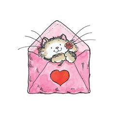 a drawing of a cat laying in an envelope with a heart on its chest and eyes closed