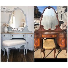 an antique dressing table with mirror, bench and stool in two different photos side by side