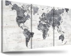 three panels with the map of the world painted on them, all in grey and white