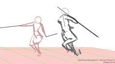 a drawing of two people playing with a frisbee on the beach and one is holding a stick