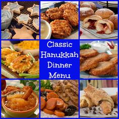 a collage of photos with different food items and words that say classic hanukkah dinner menu