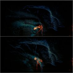 two images of people in the water at night