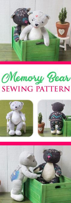 several photos of stuffed animals sitting on top of a green crate with the words memory bear sewing pattern