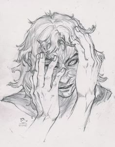 a drawing of a woman covering her face with hands