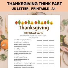 "Get the complete bundle of 19 fun Thanksgiving games! https://www.etsy.com/listing/1302440900 How fast can you think? Race to beat the timer and think of 3 different things related to  Thanksgiving in this fun Think Fast group game.                  WHAT'S INCLUDED 2 pdf files:  1x 8.5\"x11\" US Letter 1x A4 - This is an INSTANT DOWNLOAD. No physical item will be shipped. - These are NOT editable PDFs. You can print out and write on the printed sheet. - Please use a computer to download the fil This Or That Thanksgiving, Think Fast Game, Thanksgiving Trivia Questions, Party Games Family, Thanksgiving Family Games, Thanksgiving Trivia, Fun Thanksgiving Games, Friendsgiving Games, Thanksgiving Jokes