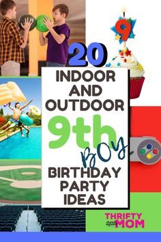 an advertisement for the 9th birthday party with images of sports equipment and people in the stands