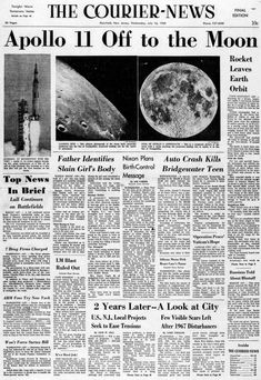 the front page of an old newspaper with pictures of moon and earth on it's side