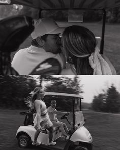 a man and woman kissing while riding in a golf cart with the driver behind them