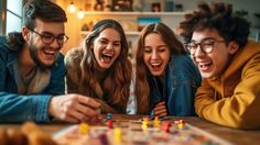 group of friends playing board game together in the living room at night time, smiling and laughing