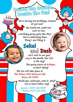 the cat in the hat birthday party invitation is shown with two photos and an image of dr seuss