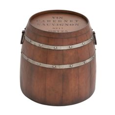 a wooden barrel with metal straps on the top and bottom, sitting in front of a white background